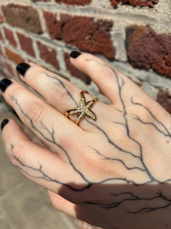 ⭐ Bague étoile de mer en acier inoxydable avec petites perles acryliques&nbsp;