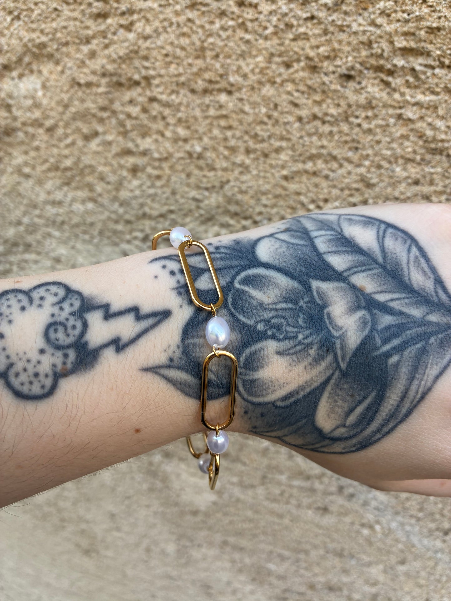 🤍 Bracelet Maille Trombone &amp; Perle Imitation – Acier Inoxydable