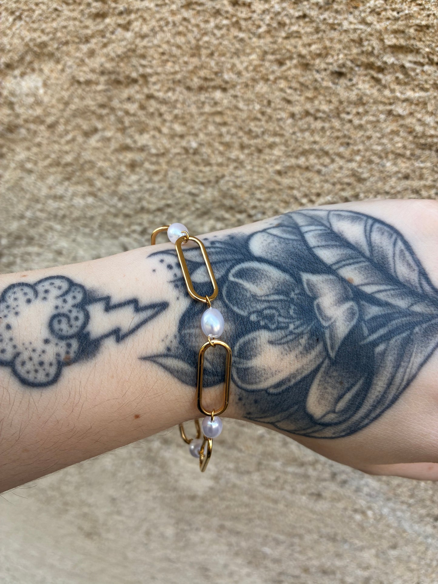 🤍 Bracelet Maille Trombone &amp; Perle Imitation – Acier Inoxydable